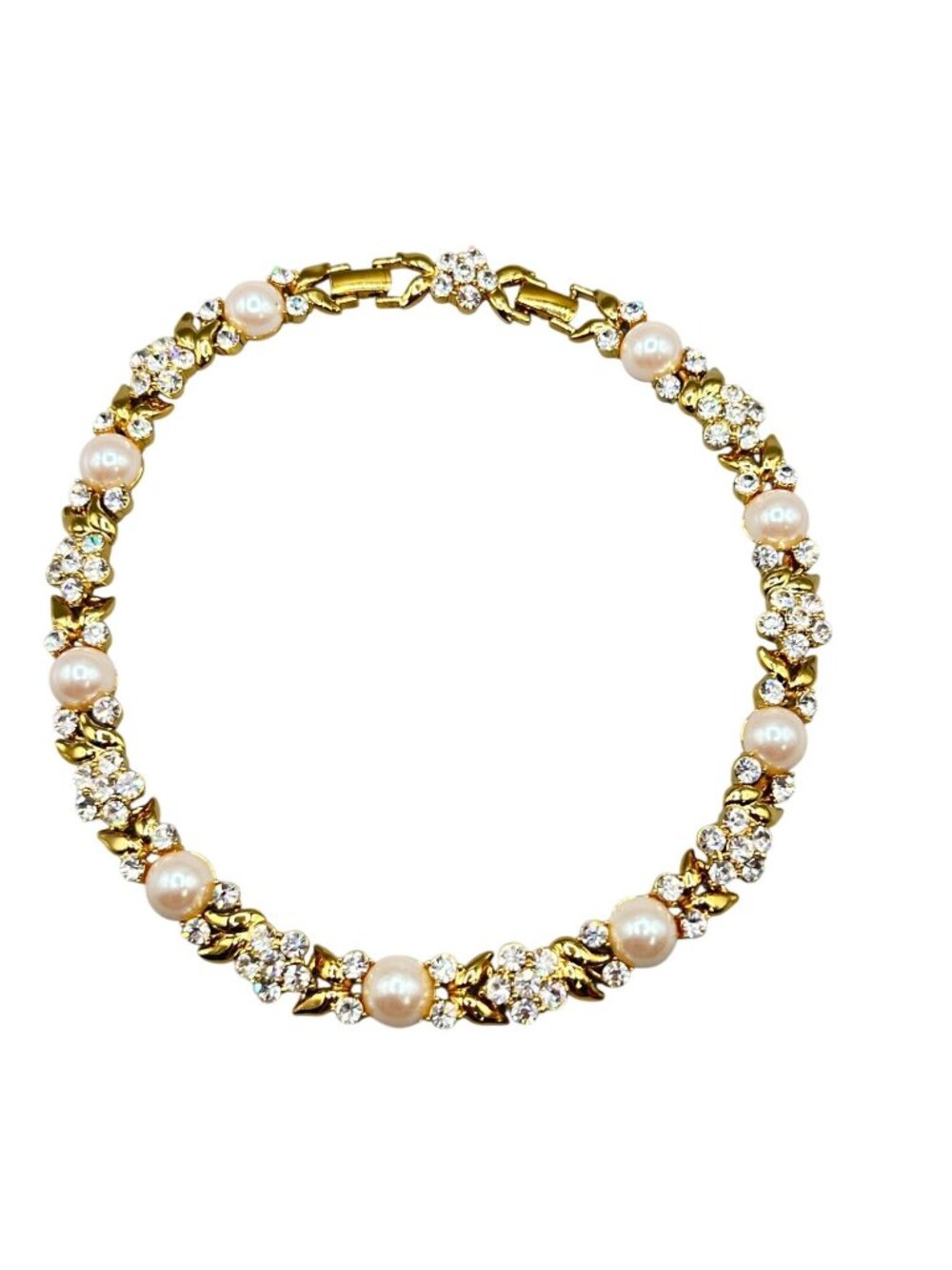 Vintage Choker Necklace Faux Pearls And Rhinestones Gold Tone Classic Design